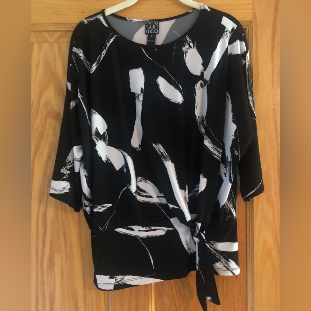 Clara Sun Woo Brush Print Side Tie Top Black White M(12) EUC